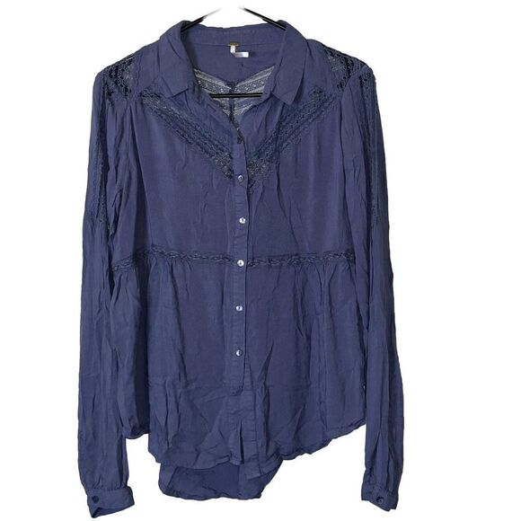 FREE PEOPLE Blouse Womens Small Blue Wild Wind Western Button Down Sheer Lace - Picture 1 of 9